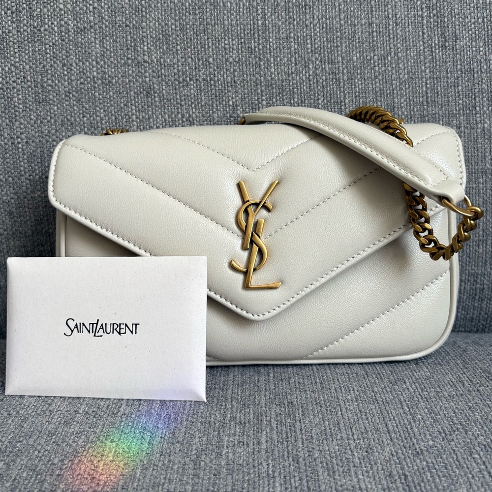 Saint Laurent Cream Quilted Leather Envelope Crossbody with Gold YSL - Picture 3 of 10